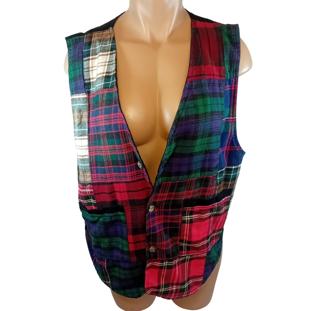 Vintage Y2K 90s Northbound Patchwork Plaid Vest Festive Christmas READ O/S L
